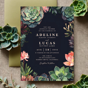 Elegant Dark Botanical Succulent Plant Wedding Invitation
