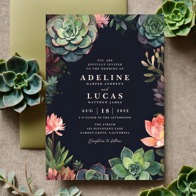 Elegant Dark Botanical Succulent Plant Wedding Invitation (Dark botanical succulent plant boho wedding invitation suite, moody black, green and peach invite)