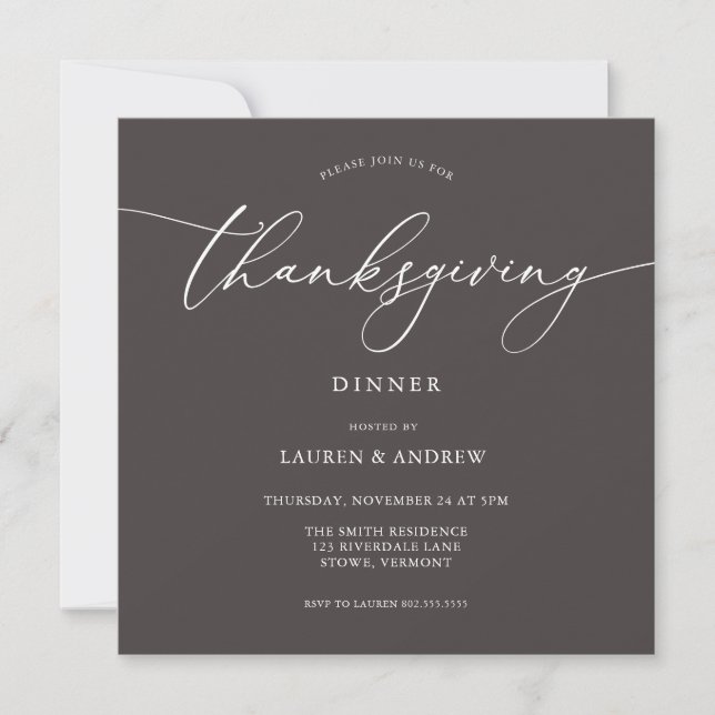 Elegant Dark Brown Thanksgiving Dinner Invitation (Front)