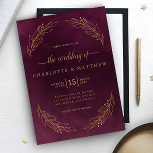 Elegant Dark Burgundy and Gold Botanical Wedding Invitation