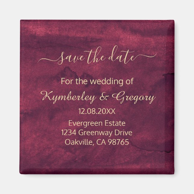 Elegant Dark Burgundy Gold Accent Save the Date Magnet (Front)