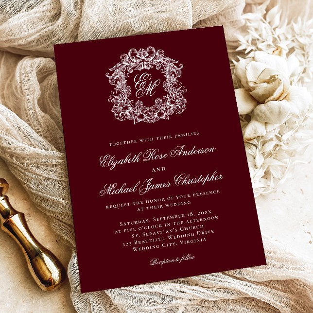 Elegant Dark Burgundy Monogram Crest Wedding Invitation (Creator Uploaded)