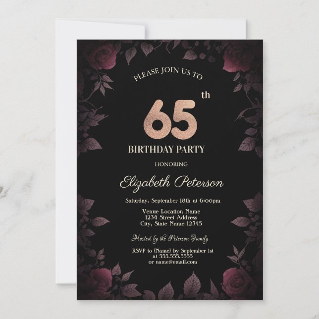 Elegant Dark Burgundy Roses Black 65th Birthday Invitation (Front)
