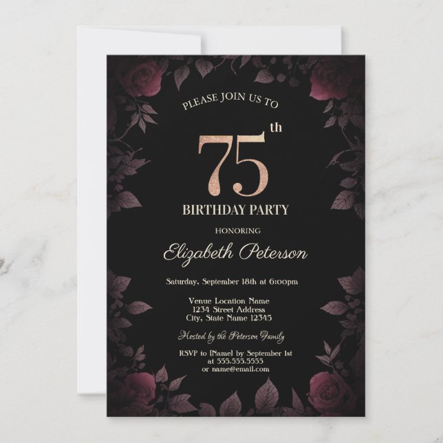 Elegant Dark Burgundy Roses Black 75th Birthday Invitation (Front)