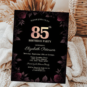 Elegant Dark Burgundy Roses Black 85th Birthday Invitation