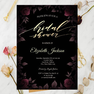 Elegant Dark Burgundy Roses Black Bridal Shower Invitation