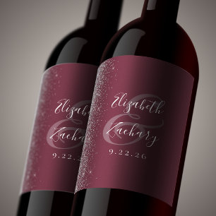Elegant Dark Burgundy Silver Glitter Wedding Wine Label