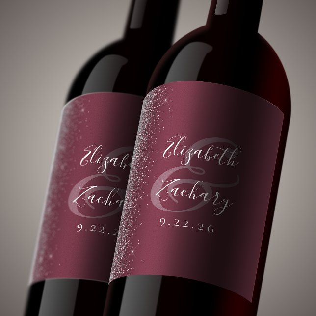 Elegant Dark Burgundy Silver Glitter Wedding Wine Label (Creator Uploaded)