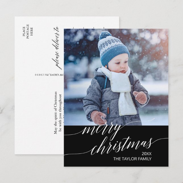 Elegant Dark Calligraphy Merry Christmas Photo Holiday Postcard (Front/Back)