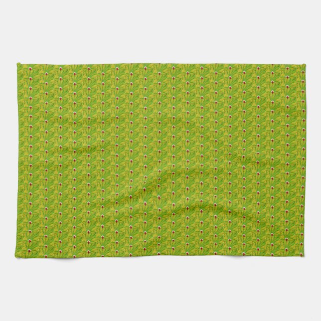 Elegant Dark Chartreuse Green Floral Pattern Tea Towel (Horizontal)
