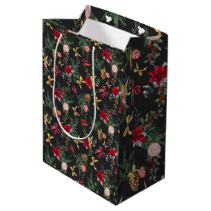 Elegant Dark Christmas Botanical Greenery Pattern Medium Gift Bag