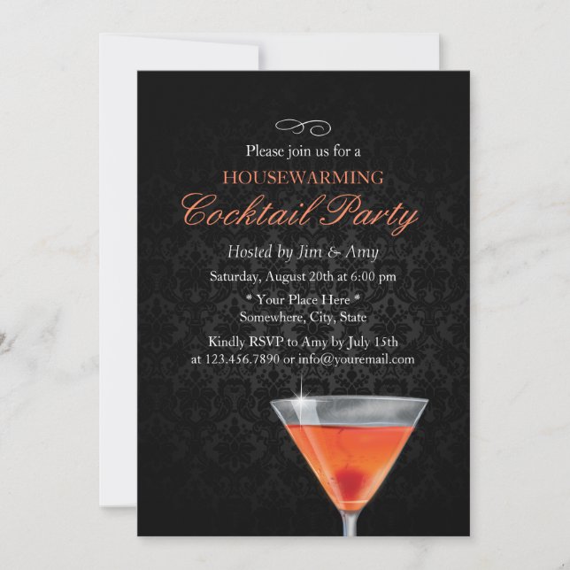 Elegant Dark Damask Housewarming Cocktail Party Invitation (Front)