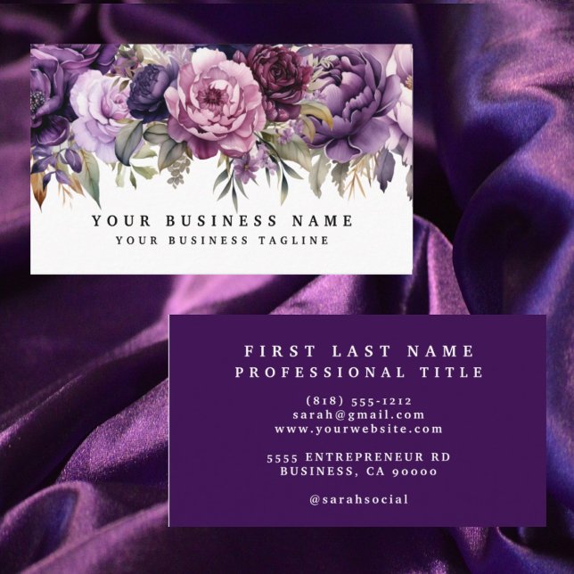 Elegant Dark Deep Purple Flowers Business Cards (Creator Uploaded)