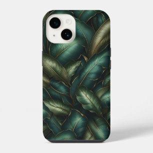 Elegant Dark Emerald Tropical Leaves and Gold Vein iPhone 14 Case