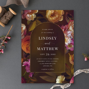 Elegant Dark Fall Floral Gold Arch Wedding Invitation