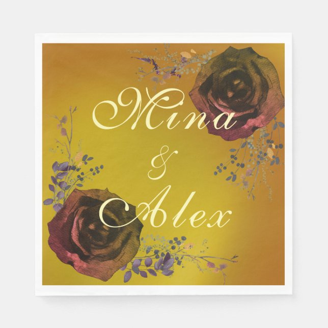 Elegant Dark Fall Rose Monogram Gold Paper Napkin (Front)