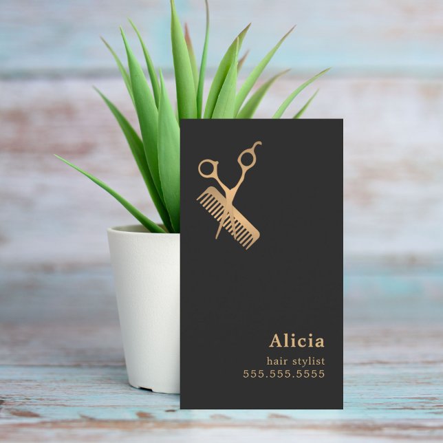 Elegant Dark Faux Gold Scissors Comb Hairstylist  Business Card (Creator Uploaded)