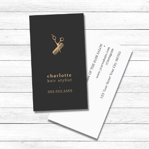 Elegant Dark Faux Gold Scissors Comb Hairstylist Business Card