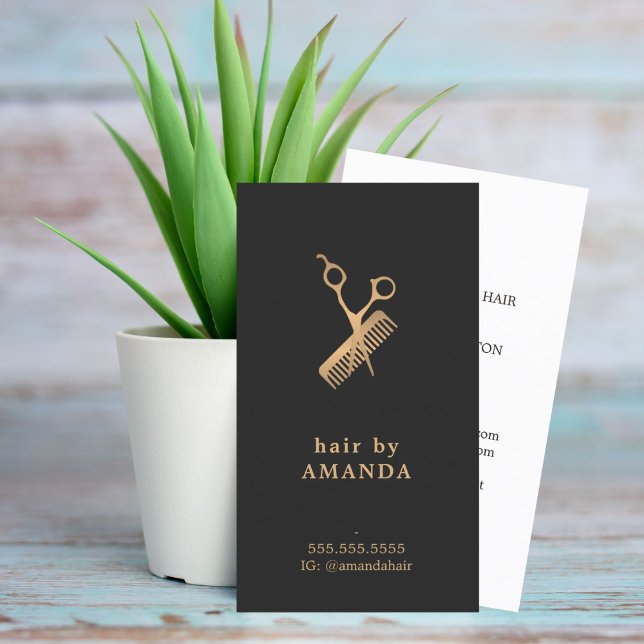 Elegant Dark Faux Gold Scissors Comb Hairstylist Business Card (Creator Uploaded)