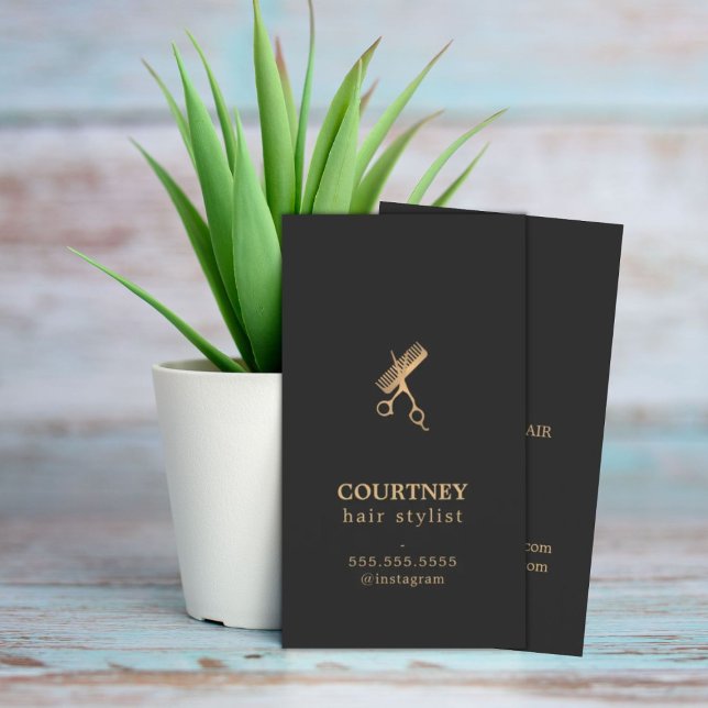 Elegant Dark Faux Gold Scissors Comb Hairstylist Business Card (Creator Uploaded)