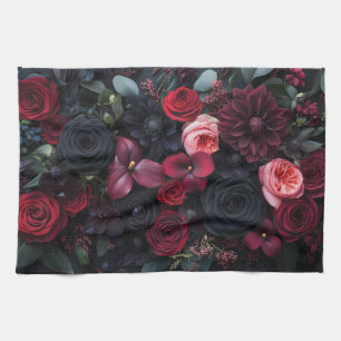 Elegant Dark Floral Arrangement Featuring Roses  Tea Towel