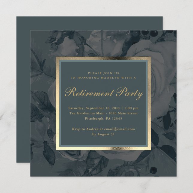 Elegant Dark Floral Blue Grey Retirement Party Invitation (Front/Back)