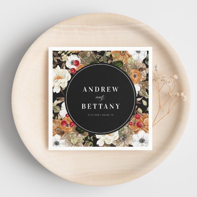 Elegant Dark Floral Botanical Berry Black Wedding  Napkin (Creator Uploaded)