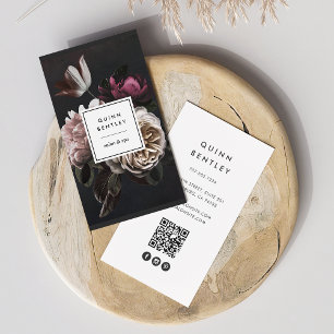 Elegant Dark Floral Bouquet Vertical QR Code Business Card