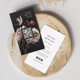 Elegant Dark Floral Bouquet Vertical QR Code Business Card