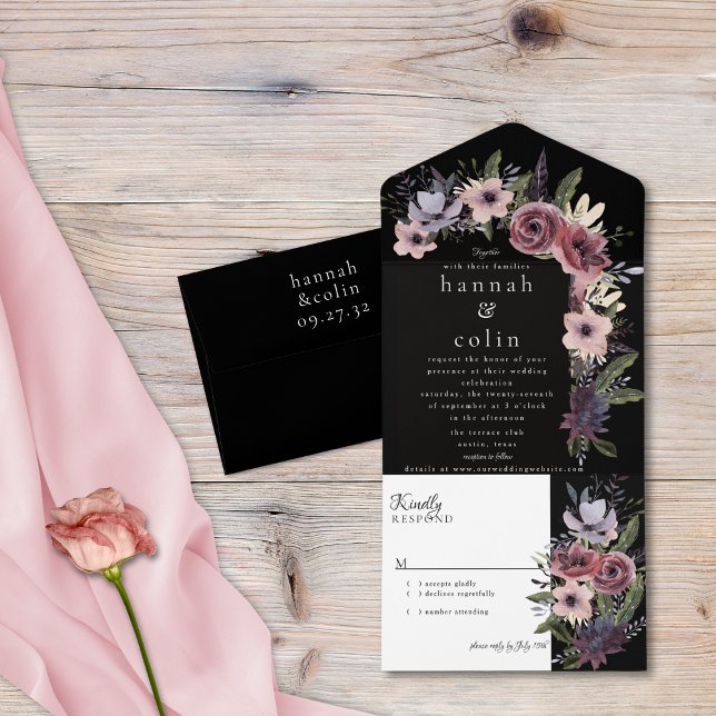 Elegant Dark Floral Cascade Black Burgundy All In One Invitation (Creator Uploaded)