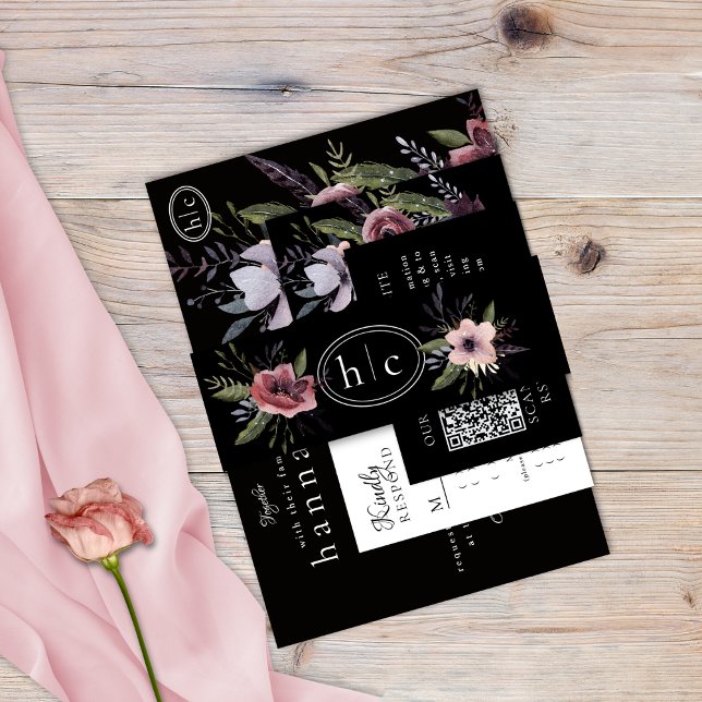 Elegant Dark Floral Cascade Black Burgundy Invitation Belly Band (Creator Uploaded)