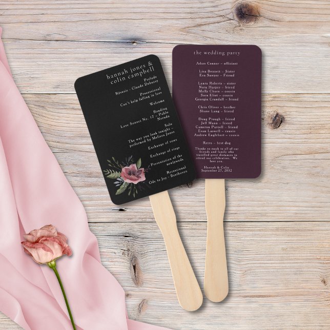 Elegant Dark Floral Cascade Black Burgundy Program Hand Fan (Creator Uploaded)