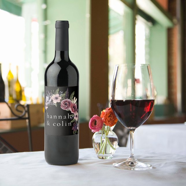 Elegant Dark Floral Cascade Black Burgundy Wine Label (Creator Uploaded)