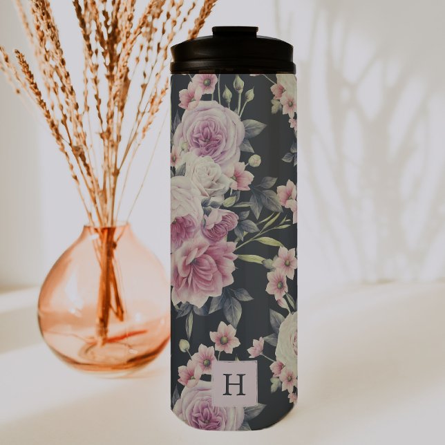 Elegant Dark Floral on Black | Monogram Tumbler (Creator Uploaded)