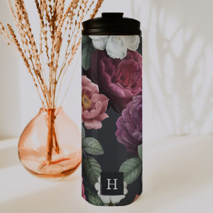 Elegant Dark Floral on Black   Monogram Tumbler