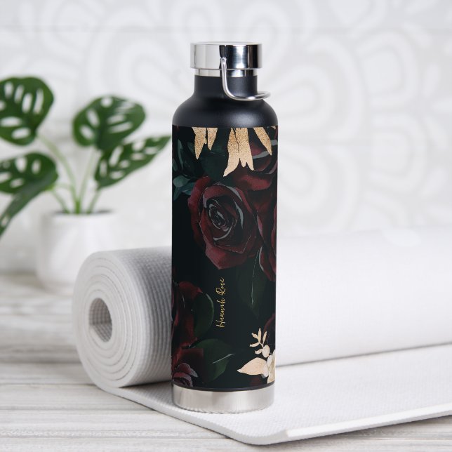 Elegant Dark Floral on Black | Monogram Tumbler Water Bottle (Yoga)