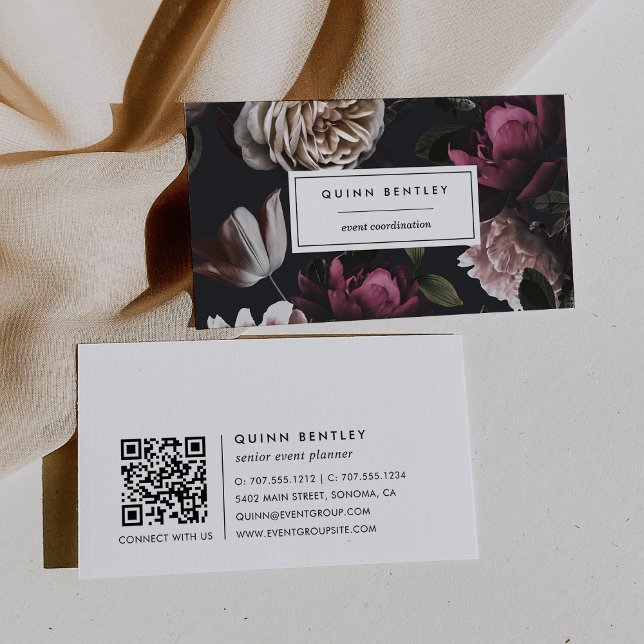 Elegant Dark Floral on Black | QR Code Business Card (Creator Uploaded)