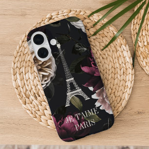 Elegant Dark Floral Paris Eiffel Tower iPhone 16 Case