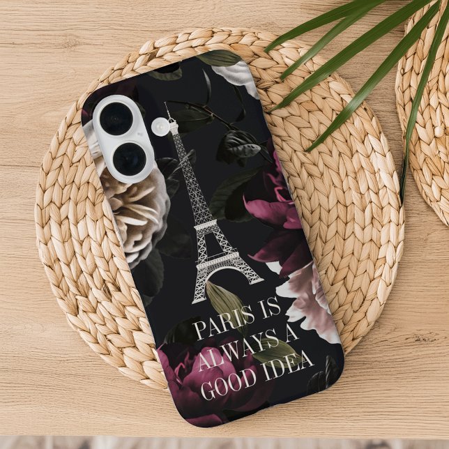 Elegant Dark Floral Paris Eiffel Tower Quote Case-Mate iPhone Case (Creator Uploaded)