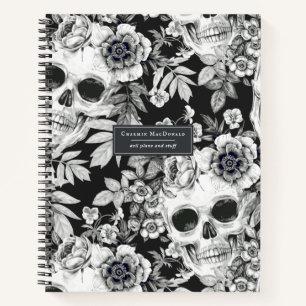 Elegant Dark Floral Skulls on Black Personalised Notebook