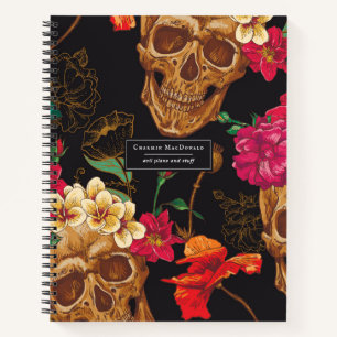 Elegant Dark Floral Skulls on Black Personalised Notebook