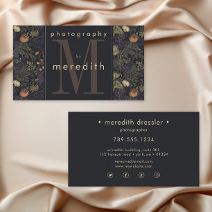 Elegant Dark Floral William Morris Monogram Business Card