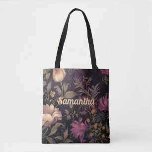 elegant dark flower pattern with name tote bag