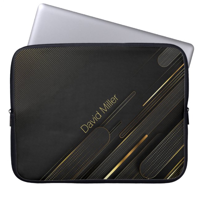 Elegant Dark-Gold Halftone Pattern and Custom Name Laptop Sleeve (Front)