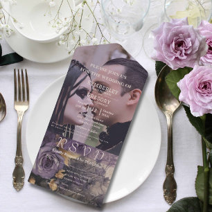 Elegant Dark Gothic Purple Floral Rose Photo All In One Invitation