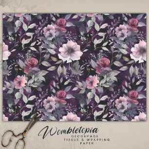 Elegant Dark Gothic Purple & Pink Roses Decoupage Tissue Paper