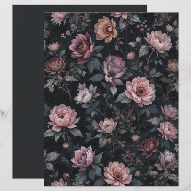 Elegant Dark Gothic Romance Floral Scrapbook Paper (Front/Back)