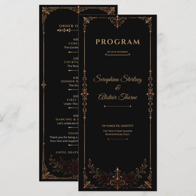 Elegant Dark Gothic Wedding Program Programme (Front/Back)