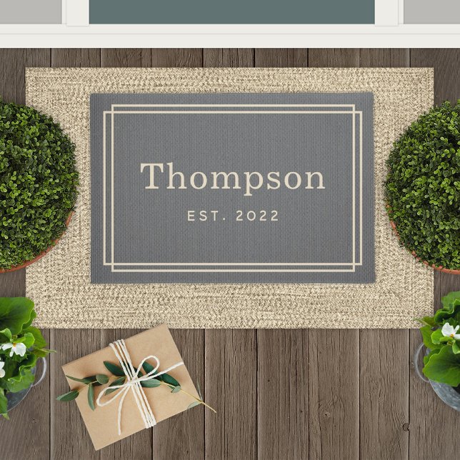 Elegant Dark Gray Beige Family Name Established Doormat (Creator Uploaded)