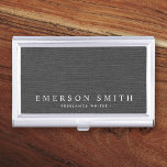 Elegant dark gray linen texture personalized name business card holder<br><div class="desc">Elegant business card holder featuring your name and title on a printed dark gray linen fabric background</div>